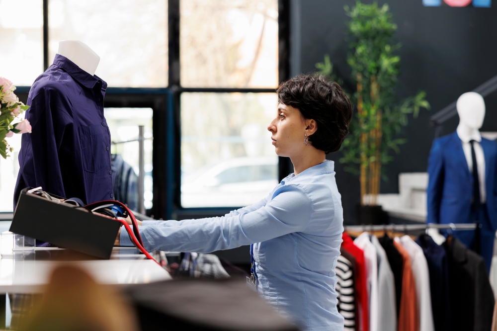 Stylish,Worker,Arranging,Blue,Shirt,On,Mannequin,,Preparing,Boutique,For